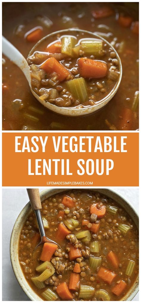 This easy vegetable lentil soup is light, healthy and packed full of good-for-you ingredients. It's easy to customize and makes a great main dish or a side. #easyvegetablelentilsoup #vegetablelentilsoup #lentilsoup #vegetablesoup #soup Sausage Lentil Soup, Veggie Lentil Soup, Vegetable Lentil Soup, Sausage Lentil, Lentil Vegetable Soup, Life Made Simple, French Green Lentils, Lentil Soup Recipe, Lentil Dishes