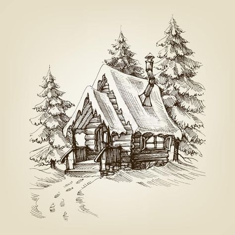 Winter cabin exterior. Pine trees forest and snow vector illustration Winter Cabin Exterior, Cabin Drawing, Cottage Drawing, Winter Drawings, Pine Trees Forest, Nature Art Drawings, Cabin Exterior, Trees Forest, Winter Cabin