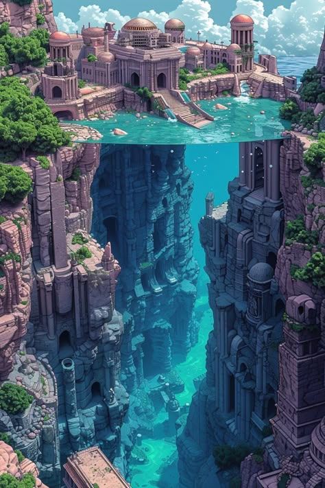 Underwater City, Fantasy City, Fantasy Story, Fantasy Places, Fantasy Setting, Futuristic City, Fantasy Map, Fantasy Art Landscapes, Fantasy Concept Art