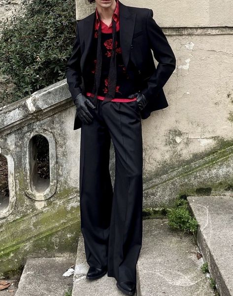 Men’s Formal Outfit Aesthetic, Prom Male Outfits Black, Alt Mens Wedding Attire, Vamp Outfit Men, Mens Prom Outfit Aesthetic, White Turtleneck Outfit Men Formal, Red Fancy Outfit Men, Goth Wedding Guest Outfit Men, Men Red And Black Outfit