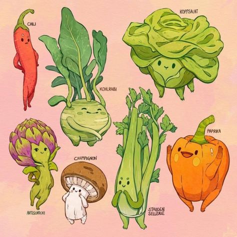 Frosch Illustration, Vegetable Drawing, Veggie Art, Vegetable Illustration, Creature Drawings, Illustrations And Posters, Cute Images, Creature Design, Creature Art