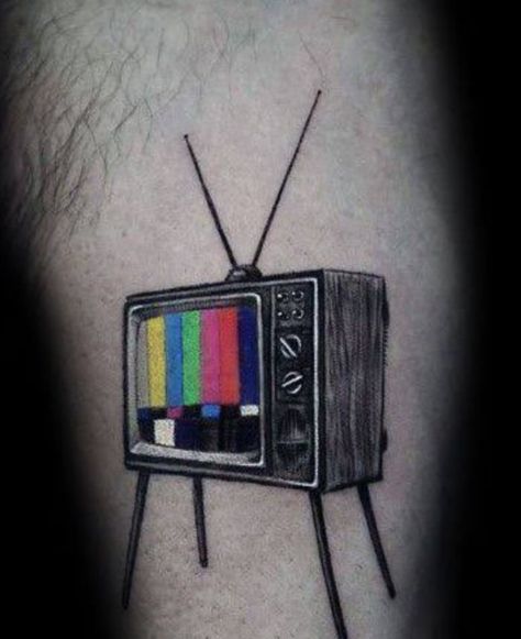 Television Tattoo Ideas, Retro Futurism Tattoo Ideas, Static Tv Tattoo, Box Tv Tattoo, Vintage Tv Tattoo, 80s Inspired Tattoos, Tv Tattoo Retro, Old Tv Tattoo, Retro Tv Tattoo