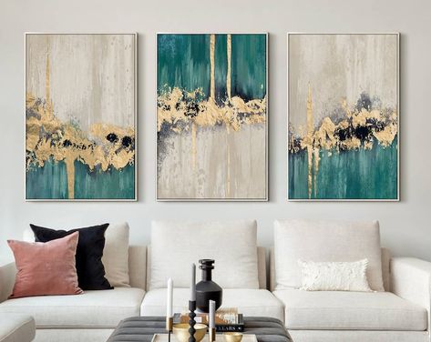 Gold and Green Extra Large Wall Art Abstract Print Set of 2 - Etsy Acrylic Painting Set Of 3, Acrylic Gold Painting, Paintings For Living Room Walls, 2 Paintings That Go Together, Set Of 3 Canvas Painting Ideas, 3 Set Paintings Wall Art, Paintings For Wall Decor, Paintings Green, Paintings For Wall