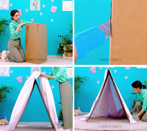 How to build a cozy cardboard tent for your kids Cardboard Tent, Diy Tents For Kids, Diy Play Tents For Kids, Kids Play Tent Diy, How To Make A Tent Out Of Blankets, Diy Tp Tent For Kids, Blanket Tent For Kids, Diy Kids Tent, Big Cardboard Boxes