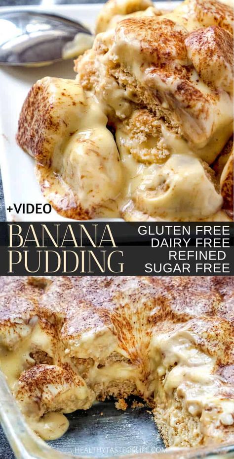 Gluten Free and Dairy Free Banana Pudding Recipe (Healthy, Homemade, Refined Sugar Free + Video). Looking for a gluten free banana pudding dessert? These creamy layers of dairy free banana pudding, ripe bananas, and gluten free vanilla wafer cookies are impossible to resist! This gluten free banana pudding is made from scratch with homemade healthy vanilla wafer cookies - crispy, light and crunchy and without refined sugar. #bananapudding #glutenfreebananapudding #dairyfreebananapudding #healthy Banana Pudding Recipe Healthy, Gf Banana Pudding, Banana Pudding Without Vanilla Wafers, Non Dairy Banana Pudding, Dairy Free Banana Dessert, Ripe Banana Gluten Free Recipes, Ripe Banana Recipes Healthy Gluten Free, Recipes Without Gluten, Vegan Banana Pudding Recipe