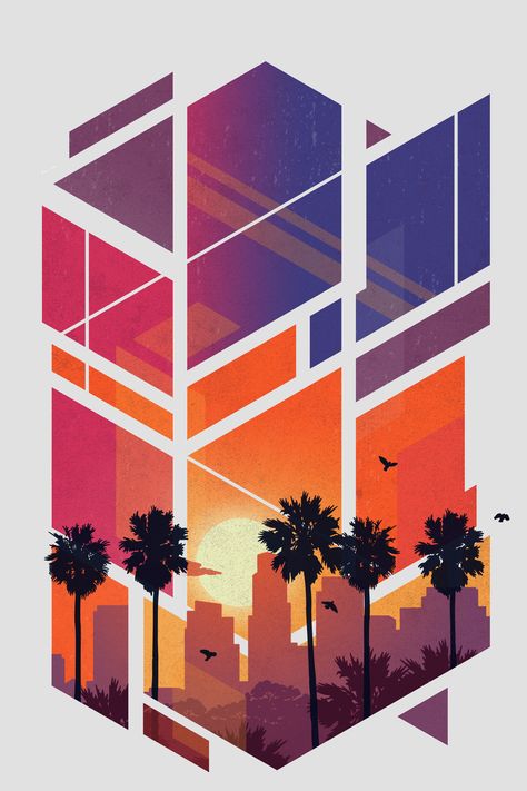 Downtown View #Summer #City #Geometric #Sunset #Palm Tree Geometric Sunset, Catalog Cover Design, Minimal Tattoo Designs, Minimal Tattoo Ideas, Palm Tree Drawing, Building Silhouette, Summer City, Tshirt Printing Design, Art Gallery Wallpaper