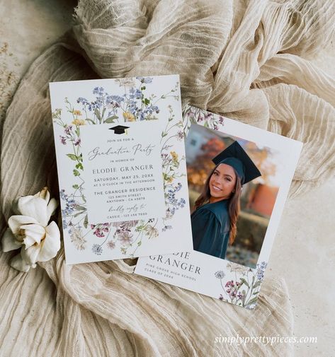 Grad Announcements College, Senior Invitation Ideas, Senior Announcement Ideas, Grad Announcements High School, Graduation Announcements College, Grad Card Ideas, Wildflower Graduation Party, Graduation Announcement Ideas, Graduation Invitation Ideas