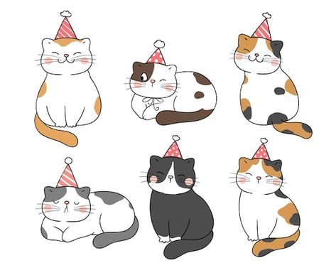 Cat With Birthday Hat Drawing, Birthday Hat Drawing, Cat With Party Hat, Simple Cat Drawing, Hat Drawing, Vector Illustration Character, Draw Vector, Banner Drawing, Chibi Cat