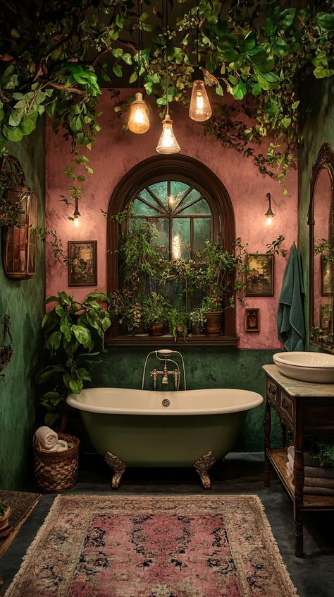 Bathroom featuring hunter green and dark pink decor, vintage furniture, potted plants, and ornate mirrors for a charming Secret Garden Bathroom, Bridgerton Bathroom Aesthetic, Bridgerton Home Decor Ideas, Garden Theme Bathroom, Happy Enchanted Home, Dark Green And Pink Bathroom, Fairycore Bathroom, Mystical Bathroom, Bug Bathroom