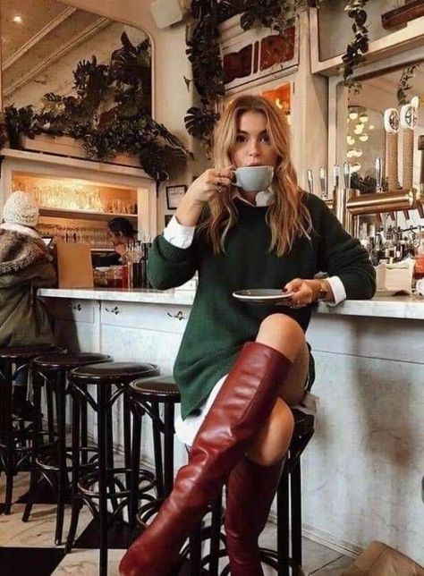 Classic Eclectic Outfit, Vintage Formal Outfit For Women, Sweater Dress Shirt Combo, Autumn Guest Wedding Outfits, Womens Leather Outfits, Fun Classy Outfits, Brown Leather Knee High Boots Outfit, Upscale Boho Fashion, Scotland Fashion Woman