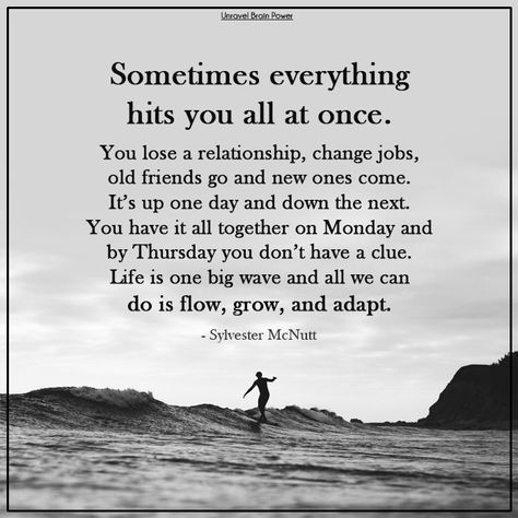 Sometimes everything hits you all at once. You lose a relationship, change jobs, old friends go and new ones come. It’s up one day and down the next. You have it all together on Monday and by Thursday you don’t have a clue. Life is one big wave and all we can do is flow, grow, and adapt. - Sylvester McNutt Sometimes Everything Hits You At Once, Losing Job Quotes Inspiration, Life Ups And Downs Quotes, Losing A Job Quotes, Losing Your Job Quotes, Lost My Job Quotes, Quotes About Job Change, Lost Job Quotes Inspiration, Big Changes Are Coming Quote