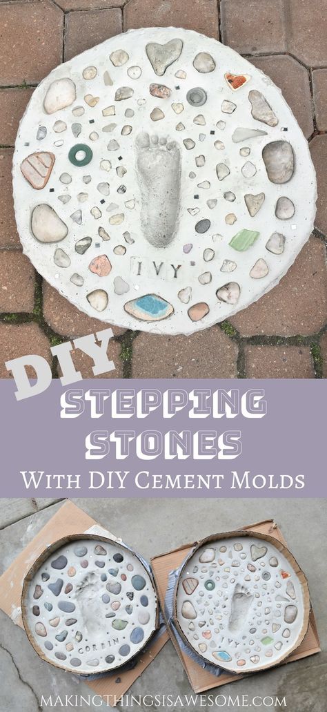 Quick Concrete Projects, Diy Footprint Stepping Stones, Footprint Garden Stones, Stepping Stones Kids, Garden Stepping Stones Diy, Diy Stepping Stones, Stepping Stone Molds, Footprint Keepsake, Cement Molds