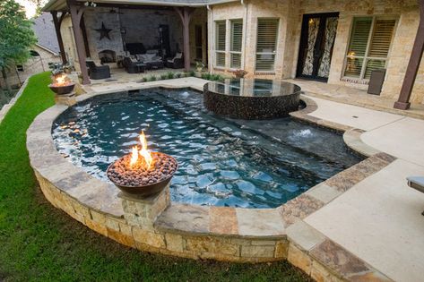 Small Rustic Pool Ideas, Pond Like Swimming Pools, Pool With Spanish Tile, Small Concrete Pool Ideas, Small Dipping Pool Ideas, Small Backyard Oasis Ideas Swimming Pools, Cozy Backyard With Pool, Small Inground Pool With Hot Tub, In Ground Pool And Hot Tub