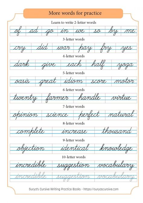 cursive handwriting practice Cursive Writing Fonts, Words In Cursive, Cursive Writing Book, Six Letter Words, Prewriting Activities, English Letter Writing, Css Basics, 2 Letter Words, Cursive Writing Practice Sheets