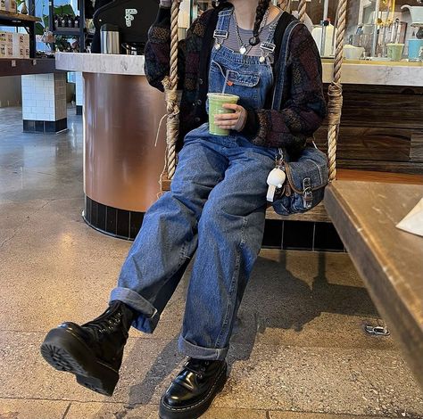 Emo Overalls Outfit, Edgy Pumpkin Patch Outfit, Midsize Dungarees Outfit, Virgincore Outfit, Brown Turtleneck Outfit Layering, Overall With Flannel Outfit, Overall Pants Outfit Fall, Grunge Outfits Overalls, Outfits With Dungarees