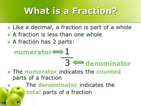 Fractions: The Basics What is a Fraction? Like a decimal, a fraction is part of a whole A fraction is less than one whole A fraction has 2 parts: numerator. - ppt download Numerator And Denominator, Finding A Hobby, 4th Grade Science, Math Intervention, 5th Grade Math, Math Tricks, Numeracy, Learning English, 5th Grades