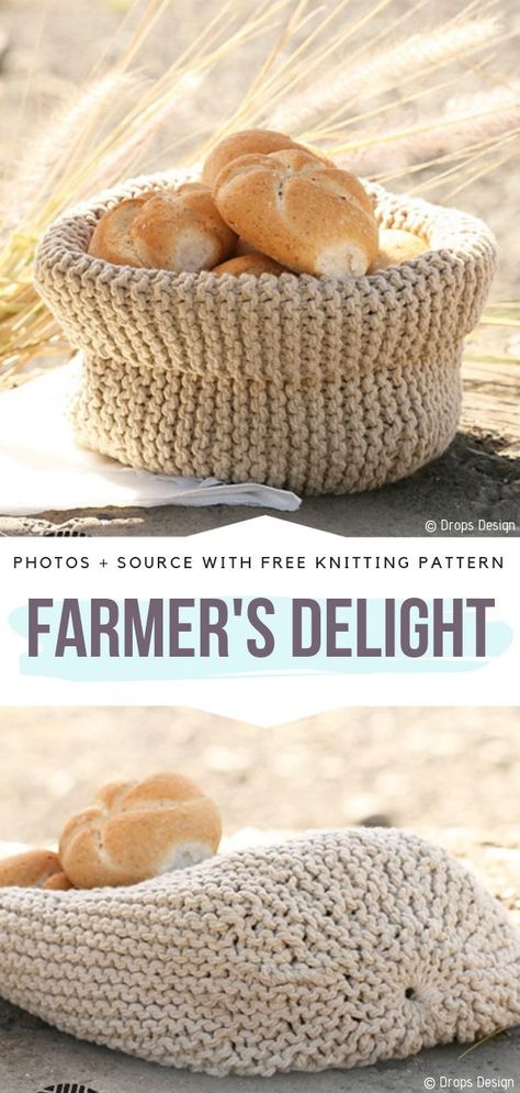 Knitted Food Baskets Free Patterns - Free Crochet Patterns Knit Storage Basket Pattern Free, Knit Food, Knitted Baskets, Knitted Food, Food Baskets, Yellow Basket, Crochet Storage Baskets, Knit Accessories, Knitted Items