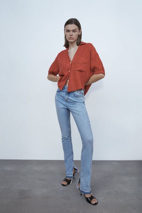 Zara Cropped Linen Shirt Cropped Linen Shirt, High Collar Shirts, Basic White Tee, Oufits Casual, Pleated Tops, Zara Blouse, Shirt Embroidery, Wishing Well, Basic Shirts