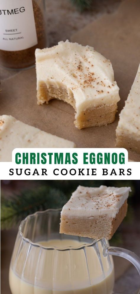 Eggnog Bars Recipe, Eggnog Shortbread Cookies, Recipes With Eggnog In It, Eggnog Sugar Cookies, Eggnog Squares, Eggnog Cookies Recipe, Christmas Cookie Bars Recipes, Christmas Dessert Bars, Holiday Bar Cookies