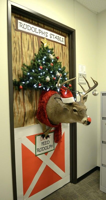 Rudolph Christmas Door Decorating Contest, Rudolph Door Decorating Ideas, Christmas Door Decorations Contest, Christmas Office Door Decorations Ideas, Door Decorating Contest Christmas Office, Reindeer Door Decoration, Reindeer Stable, Christmas Door Decorating, Decorate Office