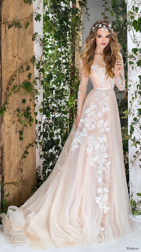 Weddinginspirasi.com featuring - papilio 2018 bridal long sleeves sheer bateau sweertheart neckline full embellishment romantic blush a line wedding dress chapel train (3) mv -- Papilio 2018 Wedding Dresses #wedding #weddings #bridal #weddingdress #weddingdresses #bride #fashion #collection:Wonderland #label:Papilio #week:162018 #year:2018 ~ Long Sleeve Bridal Dresses, Blush Wedding Dress, Off Shoulder Wedding Dress, Dresses Romantic, A Wedding Dress, Long Sleeve Wedding, Dresses Elegant, Best Wedding Dresses, Wedding Dress Sleeves