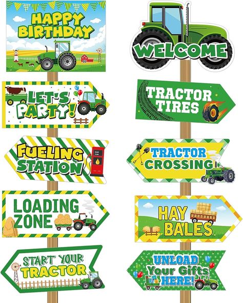 Farming Simulator Birthday Party, John Deere First Birthday Ideas, John Deere Birthday Party Ideas, Tractor Birthday Party Decorations, Tractor Signs, Tractor Birthday Party Theme, John Deere Tractor Party, Tractor Party Decorations, Truck Party Decorations