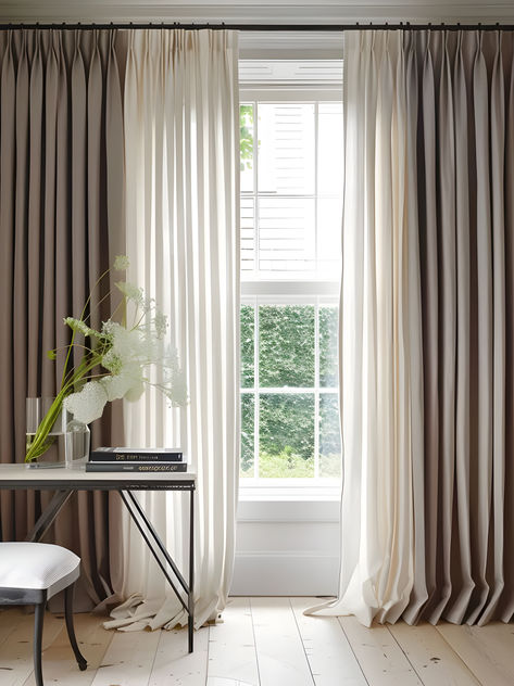 Layered curtains in neutral colours Sheer Curtains With Blinds Living Room, Venetian Blinds And Curtains Together, Voiles And Curtains Together, Voile And Curtains Together, Curtain Layering Ideas, Curtains Over Shutters, Layering Curtains, Voile Curtains Living Room, Blinds And Curtains Together