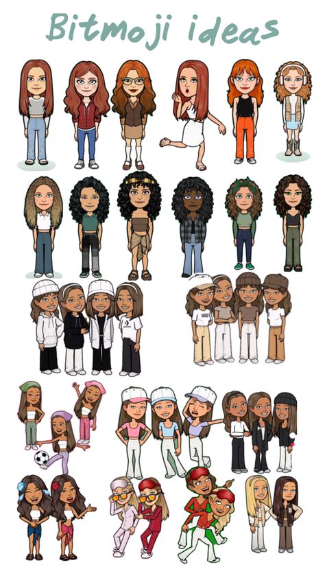 This time I wanted to try to add people with red hair and curly hair then some groups because last time people felt left out tell me what ideas you have next Snapchat People, Pretty Bitmoji Ideas, Bitmoji Outfits Baddie, Cute Easy Outfits For School, Cute Snapchat Bitmoji Ideas, People With Red Hair, Snapchat Avatar, Bitmoji Ideas, Iphone Wallpaper Preppy