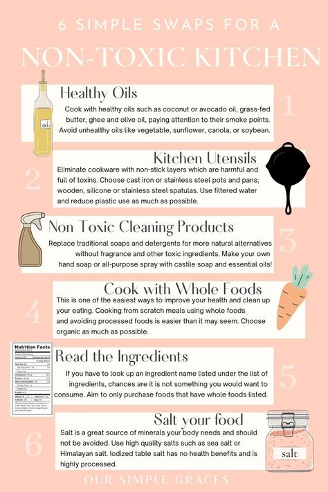 Cleaning up your home and removing harmful products can be a little intimidating. These simple swaps for a healthy non toxic kitchen are easy and can make a huge impact on you and your families health. If you have been looking to live a more toxin-free life, cleaning up the kitchen is a great place to start! Toxic Food Ingredients, Healthy Non Toxic Meals, Non Toxic Brands, Non Toxic Kitchen Utensils, Non Toxic Meals, Non Toxic Snacks, Non Toxic Home Swaps, Non Toxic Food Swaps, Non Toxic Recipes