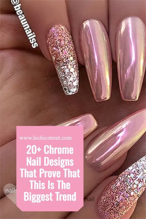 20+ Chrome Nail Designs That Prove That This Is The Biggest Trend. Looking for the next trendy nail ideas? Look no further than the trendy nail design of chrome nails. There are plenty of chrome nail and chrome nail design that are perfect for the chrome nails Hailey Bieber nail trend. Plenty of trendy nail designs can be done with chrome nails. #chromenails #chromenaildesign #chromenail #trendynailideas #trendynailart Rose Chrome Nails Design, Light Pink Chrome Nails With Design, Chrome Dipped Nails Ideas, Sns Dipping Powder Nails Chrome, Pink Glitter Chrome Nails, Mirror Nails Chrome, Chrome Dip Nails Ideas, Chrome Nails Designs Winter, Pink Gold Chrome Nails