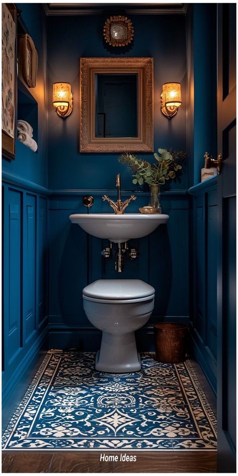 Painted Pedestal Sink, Eclectic Blue Bathroom, Powder Room Color Schemes, Unique Powder Room Ideas, Small Bold Bathroom, Powder Room Ideas Blue, Powder Room Pedestal Sink Ideas, Sophisticated Bathroom Ideas, Color Schemes For Small Bathrooms