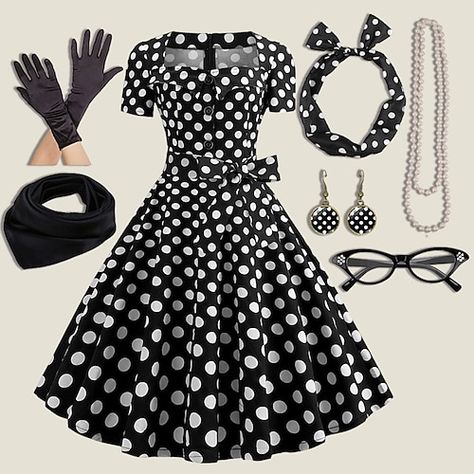 Retro Polka Dots Outfit, 60s Fancy Dress, 1962 Fashion, Polka Dot Dress Vintage, Psychobilly Fashion, Dress Types, Gloves Dress, Sixties Dress, Night Suit For Women