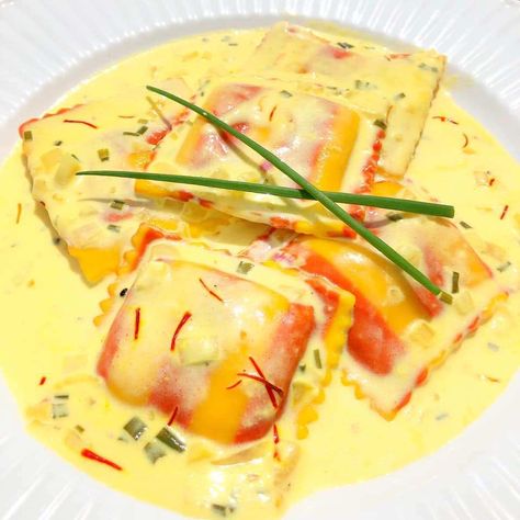 LOBSTER RAVIOLI WITH SAFFRON CREAM SAUCE | Let's Cook Some Food Saffron Sauce Recipes, Saffron Cream Sauce, Lobster Ravioli Sauce, Saffron Cream, Ravioli Sauce, Saffron Recipes, Lobster Ravioli, Ravioli Recipe, Lobster Recipes