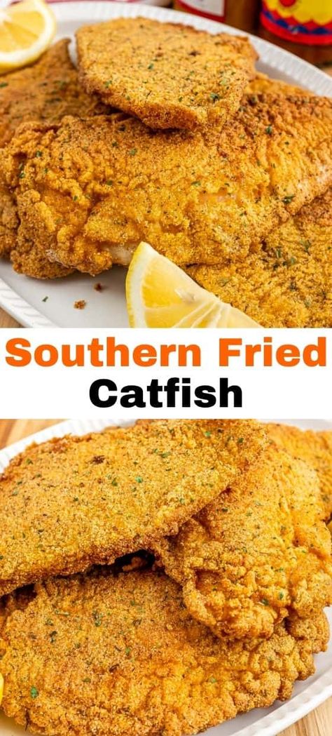 Try the crispy and flavorful goodness of Southern Fried Catfish with our classic recipe, where catfish fillets are coated in a seasoned cornmeal batter and fried to perfection. For a diverse collection of Southern-inspired recipes and culinary inspiration, be sure to follow us and bring a taste of the South to your kitchen! Fried Fish With Mustard, Fried Catfish Batter Recipes, Catfish And Potatoes, Cajun Fried Catfish Recipes, Southern Fried Fish Soul Food, Fried Cat Fish Recipes, Fried Fish Recipes Southern, Fried Catfish And Grits, Southern Catfish Recipes