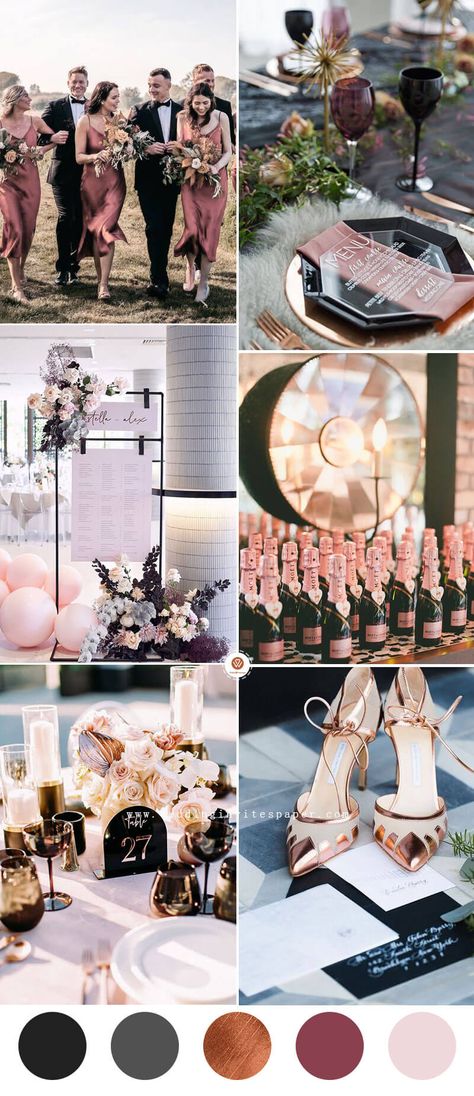 Black White Gold Blush Wedding Color Palettes, Grey And Rose Gold Wedding, Black And Rose Gold Wedding Theme, Rose Gold And Black Wedding Theme, Black And Rose Gold Wedding, Rose Gold Wedding Theme, Wedding Rose Gold Theme, Grey Wedding Theme, Rose Gold White Wedding