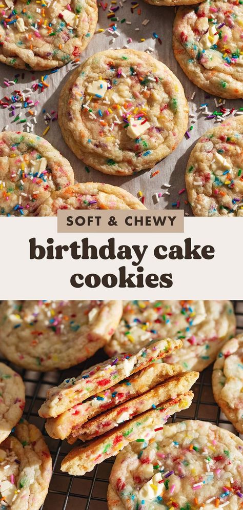 These soft and chewy birthday cake cookies are full of white chocolate and rainbow sprinkles. They're made with clear vanilla extract for that classic birthday cake flavour in cookie form! #cookies #birthdaycake | teakandthyme.com Easy Birthday Desserts, Classic Birthday Cake, Birthday Cake Cookies, Cookies With White Chocolate, Sugar Cookies With Sprinkles, Cake Batter Cookies, Vegan Birthday Cake, Classic Birthday, Xmas Desserts