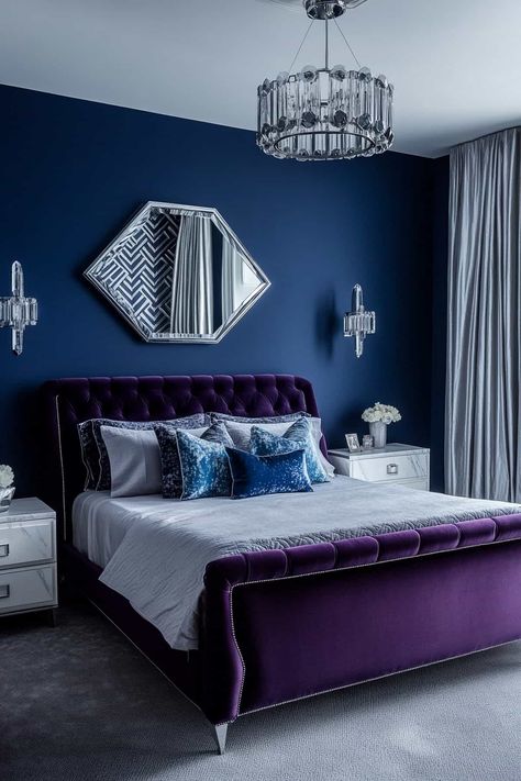 63 Stunning Navy Blue Bedroom Ideas (That Designers Love) Navy And Purple Bedroom, Navy Blue Bedroom Ideas, Purple Bedroom Design, Navy Blue Bedroom, Blue Bedroom Ideas, Navy Blue Bedrooms, Blue Bedroom Design, Purple Bedroom, How To Mix