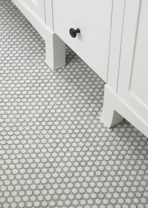 The bathroom tile you should stop using in your flip and 10 WAY better options | Rethink Home Interiors White Penny Tile Bathroom, Penny Round Tile Bathroom, Penny Tile Bathroom, White Penny Tile, Penny Tile Bathroom Floor, Blue Penny Tile, Penny Tiles Bathroom, Tile Bathroom Floor, Penny Tiles