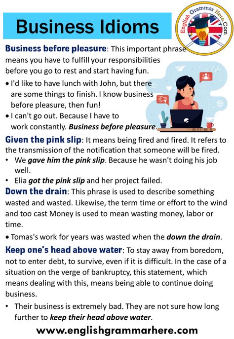 Business Idioms and Expressions in English, Business English Idioms and Phrases Table of Contents Business IdiomsExamples Business Idioms For those who learn English professionally, they are asked what variations are there between general English and business English in general. Although there are serious overlaps in both parts, there are also very clear differences. The purpose of Business English topics is to make students feel much more comfortable in the working environment where private ... Business English Phrases, English Tricks, Business Idioms, English Linguistics, Expressions In English, English Vocabulary List, English Business, Business Writing Skills, Advance English