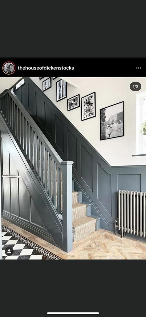 Blue Grey Staircase, Dark Grey Panelling Hallway, Navy Blue Banister, Black Staircase Panelling, Wayne Scotting Staircase, Wainscot Hallway, Paneled Staircase Wall, Charcoal Staircase, Black Panelling Hallway