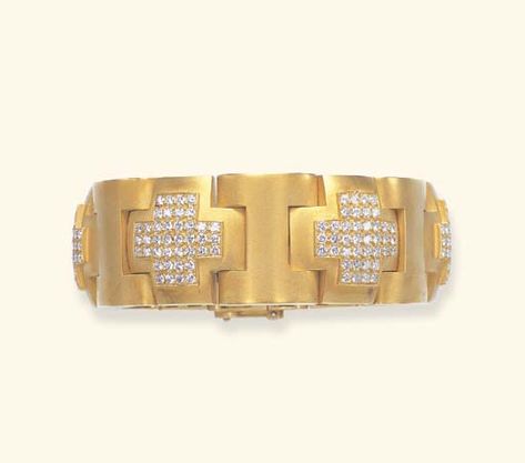 A GOLD AND DIAMOND BRACELET, BY BARRY KIESELSTEIN-CORD | Christie's Gold And Diamond Bracelet, Bracelets Gold Diamond, Diamond Cross, Flexible Design, Gold Geometric, Gold Cross, Artistic Jewelry, Matte Gold, Art Jewelry