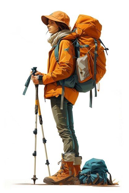 Photo full body character design of hike... | Premium Photo #Freepik #photo Hiking Reference Pose, Hiker Character Design, Cute Hiking Fits, Hiking Reference, Full Body Character Design, Body Character Design, Hiking Pose, Ink Tober, Explorer Outfit