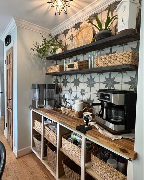 Coffee Area In Pantry, Coffee Bar And Storage Ideas, Coffee Bar In Store, Recessed Coffee Bar, Baking Bar In Kitchen, Closet Converted To Coffee Bar, Long Coffee Bar Ideas, Pantry Coffee Bar Ideas, Entryway Coffee Bar