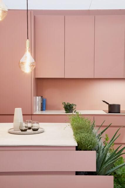 Blush Kitchen, Paint Wallpaper, Handleless Kitchen, Kitchen Colour Schemes, Hospital Interior Design, Little Greene Paint, Pink Kitchen, Chic Kitchen, Kitchen Room Design