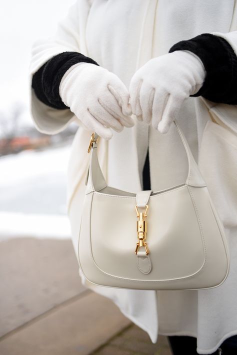 Gucci Jackie 1961 Small Hobo Bag in White Leather Review White Jackie Bag, Gucci Bag Jackie 1961, Gucci Jackie White, Off White Bags, Gucci White Bag, Jackie Gucci Bag, Prada Shoulder Bag Outfit, Jackie Bag Outfit, Gucci Jackie Bag Outfit