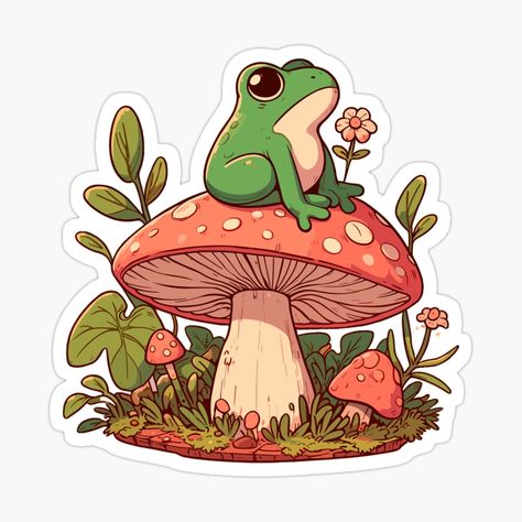 Frog And Mushroom Drawing, Frog Mushroom, Mushroom Frog Drawing, Mushroom Frog, Green Mushroom, Mushroom With Frog, Cute Frogs Art, Cute Mushroom Art, Cute Frog And Mushroom Drawing