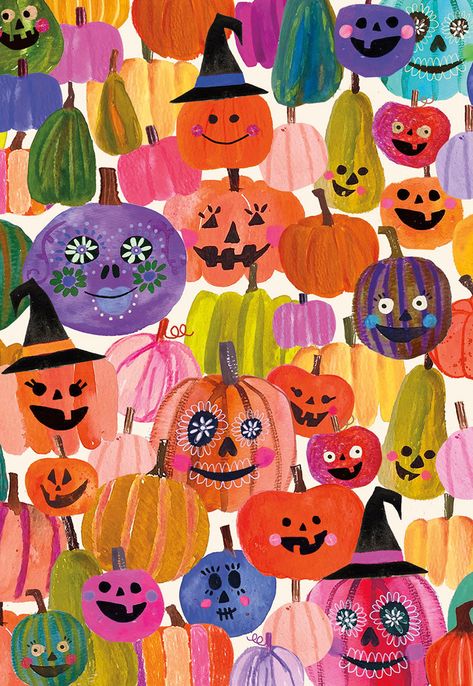 Many Colorful Jack-o-Lanterns Halloween Card Halloween Wallpaper Iphone Vintage, Colorful Halloween Art, Halloween Collage Art, Halloween Theme Art, Halloween Painting Party, Colorful Halloween Wallpaper, Horizontal Halloween Wallpaper, Halloween Cute Illustration, Yellow Halloween Wallpaper