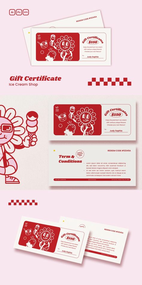 4 USD Ice Cream Store Gift Certificate Gift coupons, also known as gift cards, are a popular gift option because they allow recipients to choose what they want to buy. Gift certificates can be purchased in stores or online and can be physical cards or digital codes. FEATURES * 2 Pages * AI, EPS & PSD Files * Size 6 4 in / 15w x 10h cm * Well Organized ... gift,invitation,design,certificate,shop,template,cream,store,ice,vector,chocolate,promo,summer,voucher,coupon,discount,food,sundae,sw... Discount Coupons Design, Online Certificate Design, Digital Art Gifts, Thanks For Buying Card, Promo Card Design, Discount Coupon Design Ideas, Drink Voucher Design, Fun Brochure Design, Coupon Graphic Design