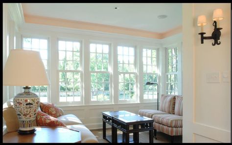 sunroom ideas - windows / trim / design Trim Stairs, Cottage Renovation Ideas, Room Window Ideas, Window Trim Styles, Cottage Interior Ideas, Lighting Shelves, Sunroom Bedroom, Conservatory Sunroom, Family Room Windows