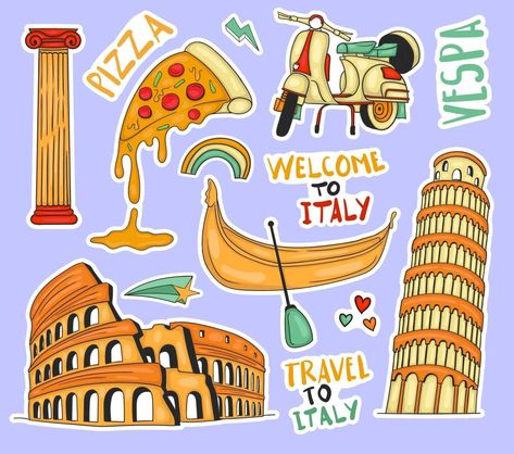 Colorful Hand drawn italy element stickers collection Italy For Kids, Cruise Scrapbook, Stickers Collection, Travel Stickers, Free Christmas Printables, Cityscape Photos, Sticker Collection, Free Christmas, Printable Stickers